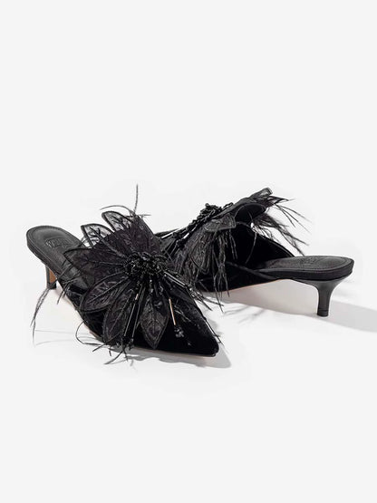 B-FEI Elegant Feather Rhinestone Black Kitten Heel mules-MABS.