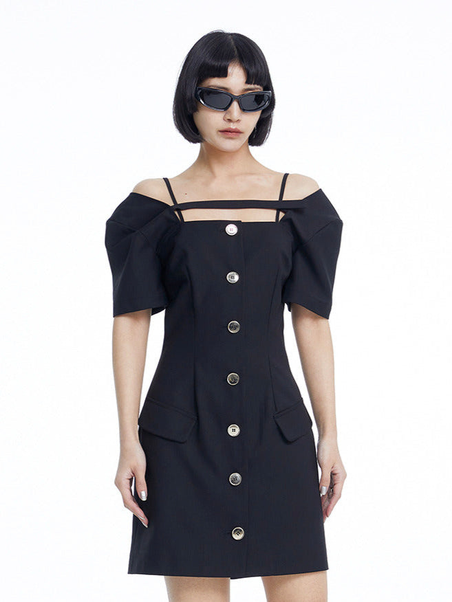 TINY IN dropped shoulders short sleeve square neck little black dress -JAJA