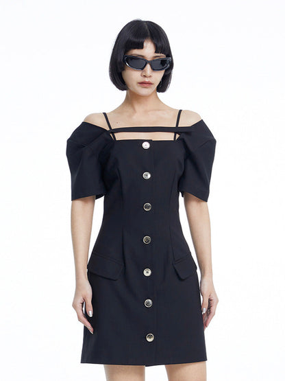 TINY IN dropped shoulders short sleeve square neck little black dress -JAJA
