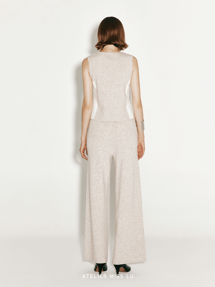 ATELIER MISS LU Fall/Winter Contrast Cashmere and Wool Blend Vest - CHERRY