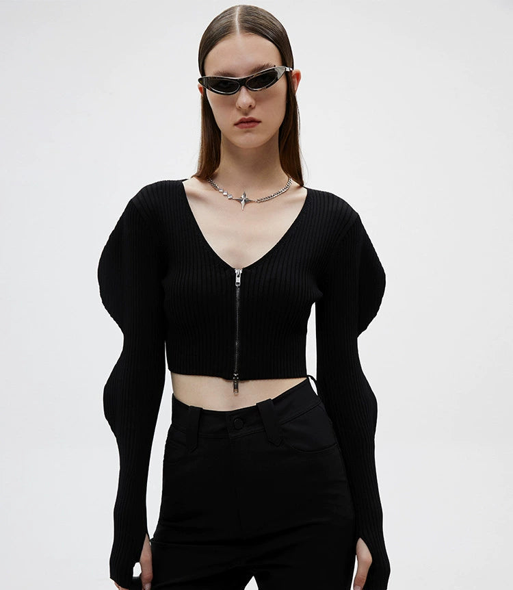 ANNAKIKI 3D Wave Sleeve L-Neck Knit top -KITAGAWA.