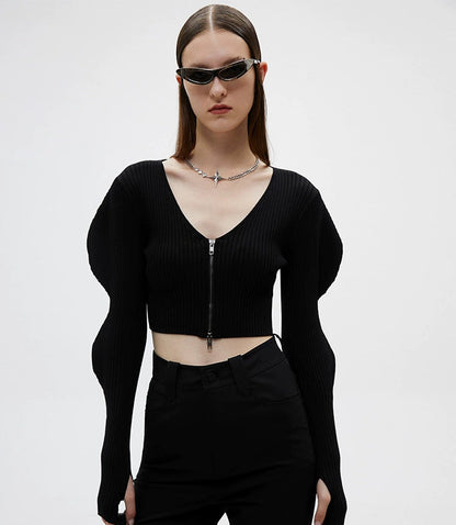 ANNAKIKI 3D Wave Sleeve L-Neck Knit top -KITAGAWA.