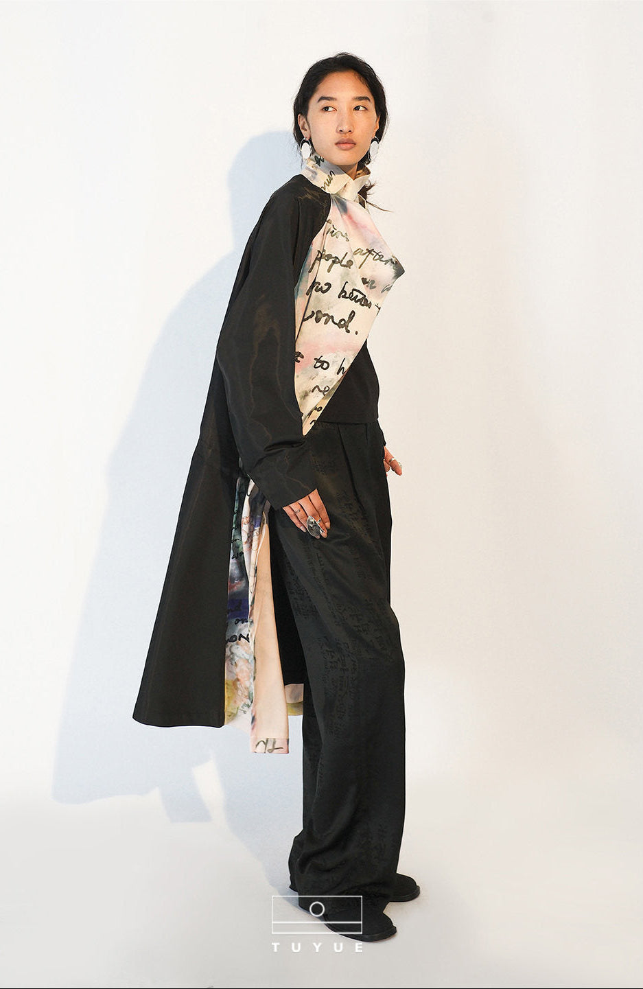 TUYUE art print drawstring stand-up collar trench coat - ERNIE.