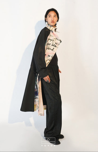 TUYUE art print drawstring stand-up collar trench coat - ERNIE.