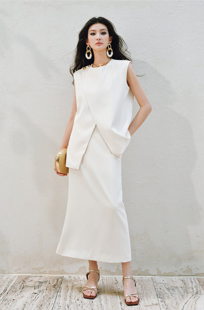 WANGXO Elegant Commuter-Style Diagonal Placket with Loose Pleated Slit Vest & Skirt Suit Set -NALA