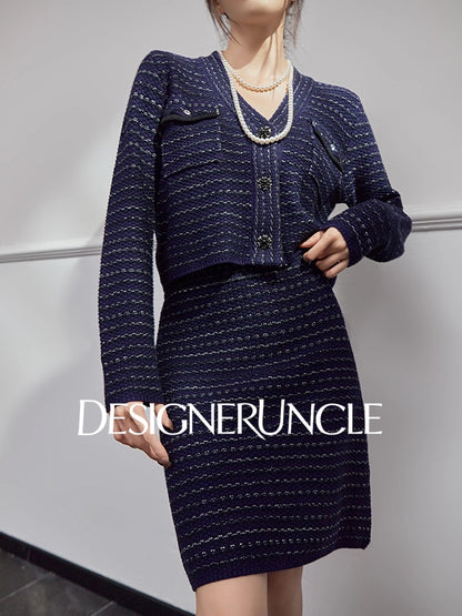 DGU|Royal Blue SSmall Fragrance V-Neck Elegant Knitted Top Two-Piece Set.