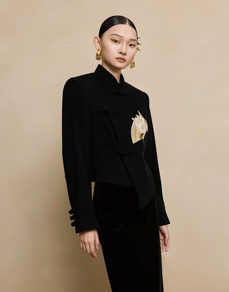 HECO Camellia Embroidered Tweed Short Jacket - crow.