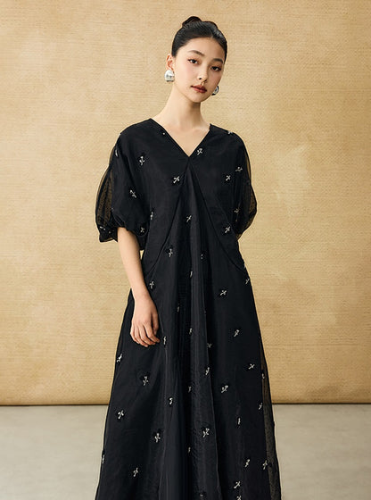 HECO  New Chinese Embroidered V-Neck Puff Sleeve Dress - CORAINE.
