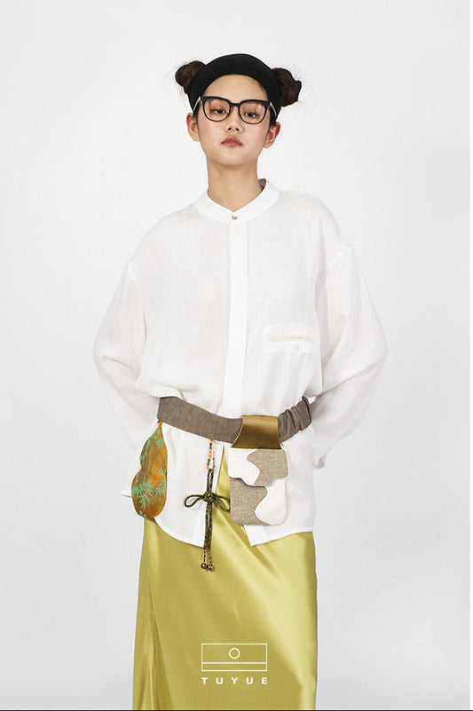 TUYUE white linen loose crew neck long-sleeved shirt - HOPPER.