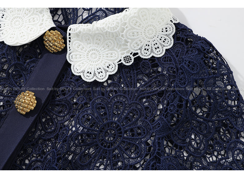 DPLAY Light Luxury Navy Blue Openwork Contrast Lace lapel Dress - Diora