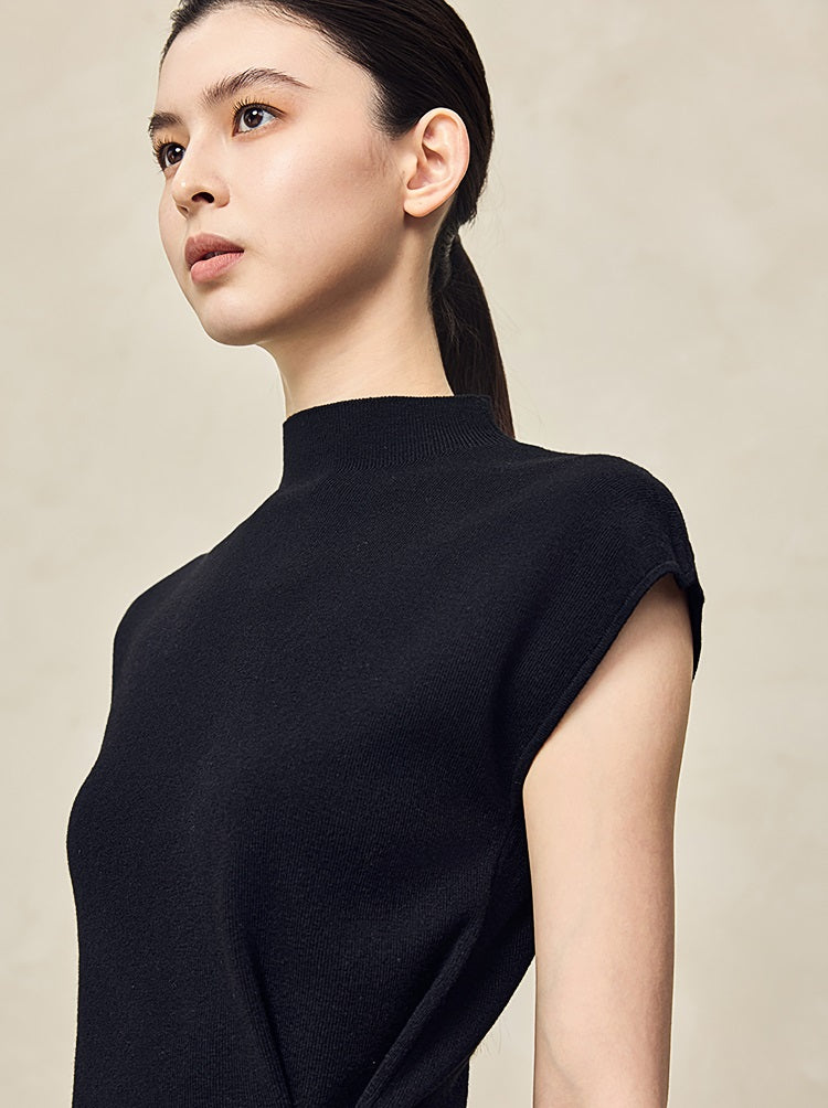 HECO Waist Side Buckle Stand Collar Knitted Short Sleeve Top- BLOOD.