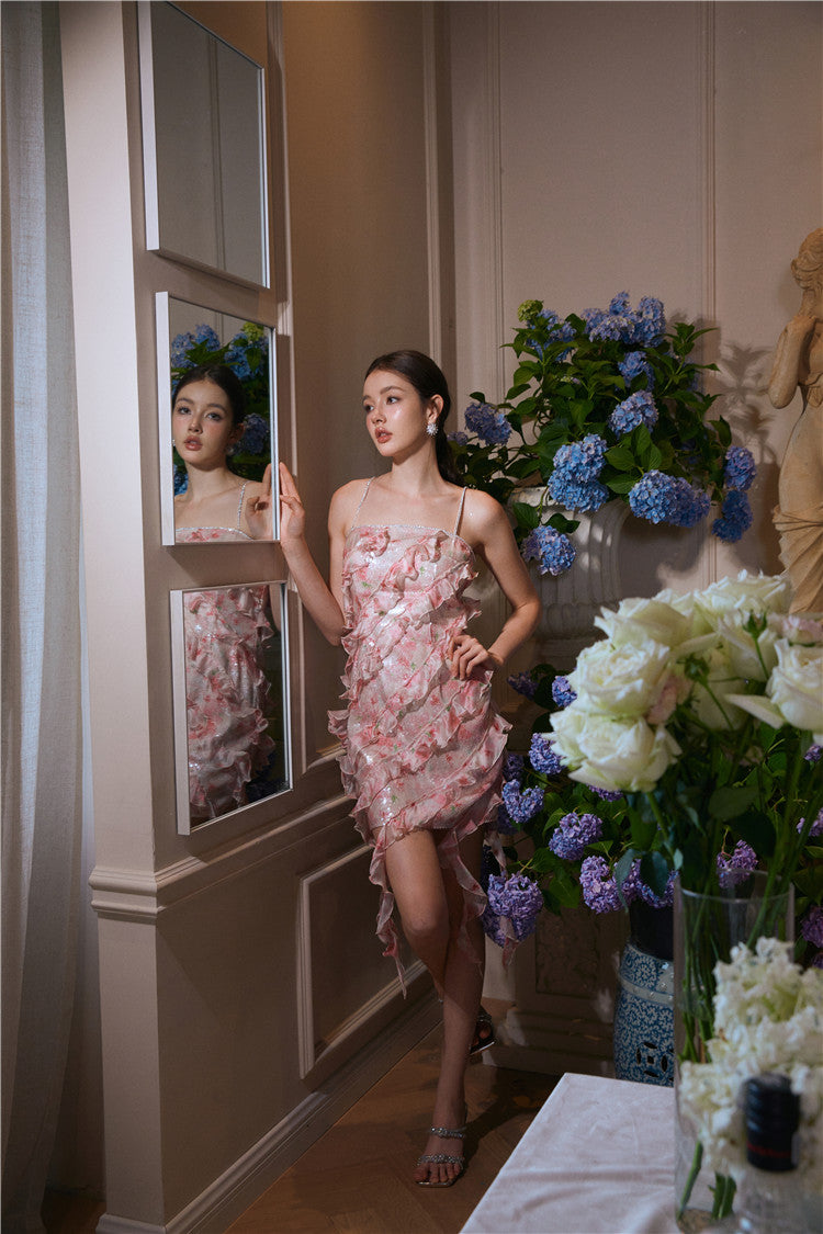 Wardrobes by Chen Luxury Crimson Sleeveless Flower Print Short Dress-Fuu