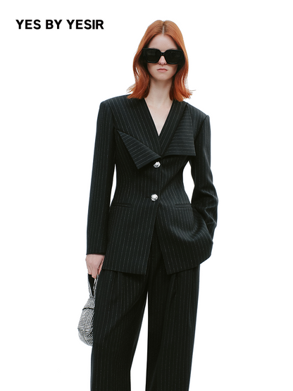 YES BY YESIR  deconstructed collar vertical striped pant suit - BLUSH.