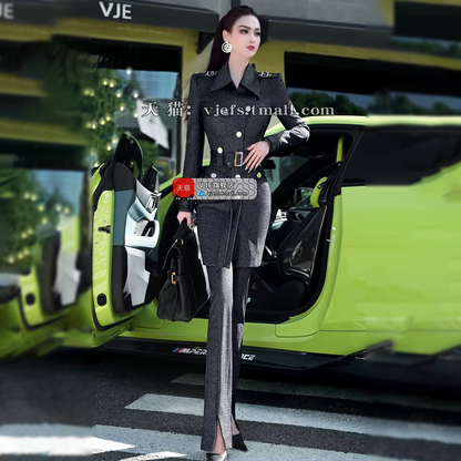 VJE slim trench coat jacket micro flared pants two-piece set - YAN.