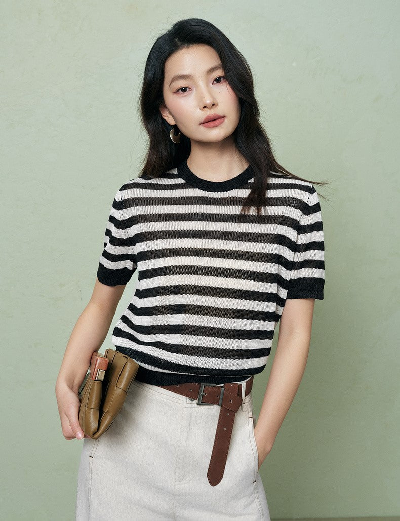 SUSHE light hollow texture striped short-sleeved knit sweater new stretch loose top -BESS