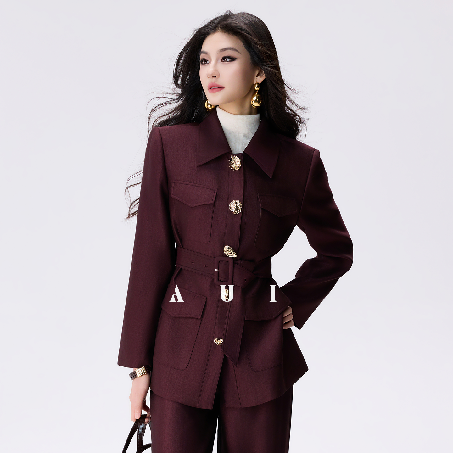 AUI Angora Red Polo Collar Shirt Outer Suit Wide-leg Casual Pants Two-Piece Set -  Hei Ryung.