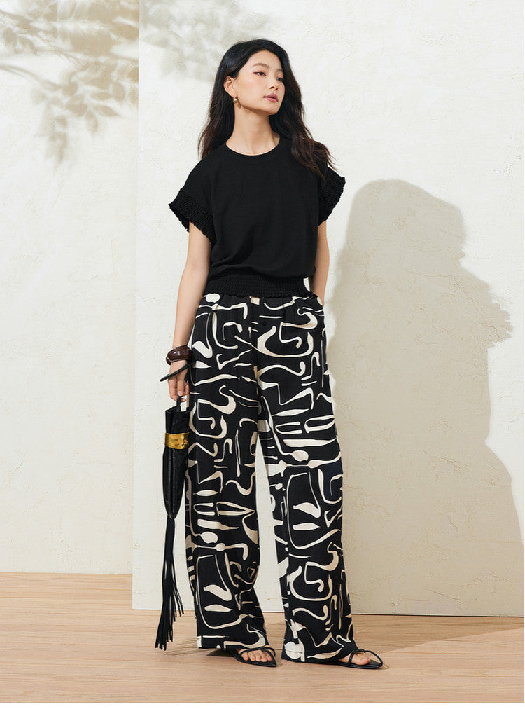 Sushe Neo-Bohemian Tencel linen print drawstring tie wide-leg slacks -JULIET