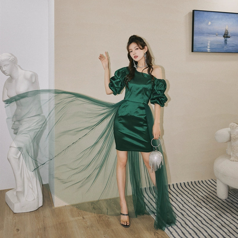 DOLLY Elegant Dark Green Retro Style Slant Collar Short Puff Sleeve Short Banquet Dress-CHITAH