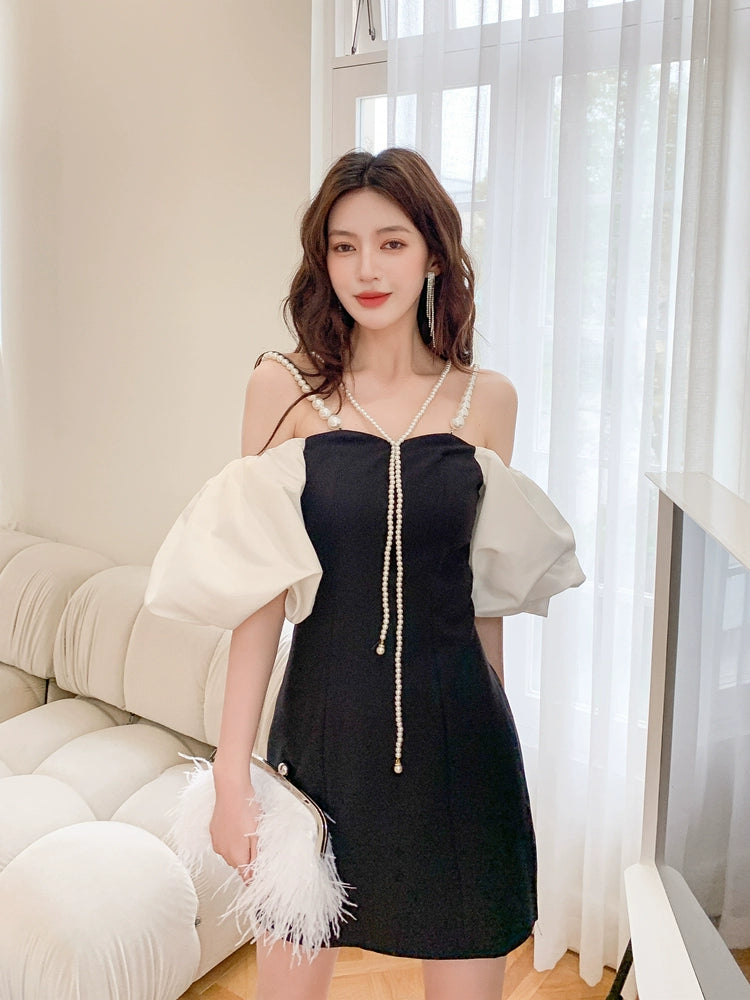 DOLLY Luxury Off Shoulder White Puff Sleeves Black A-Line Dinner Dress-MERCIA