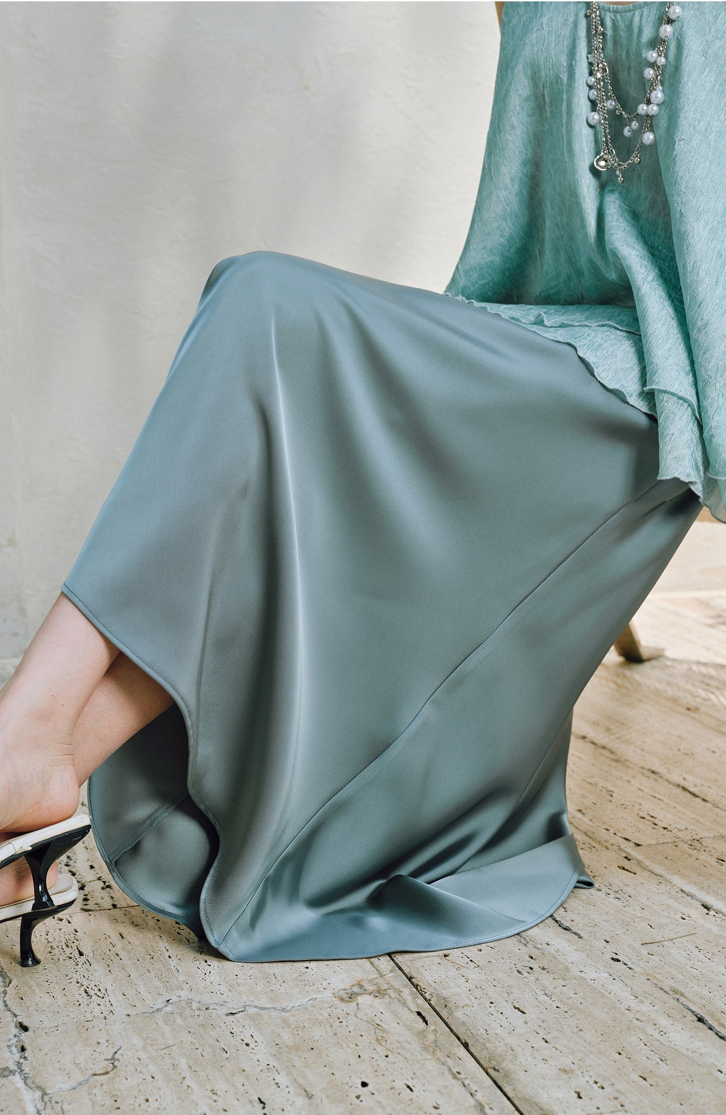 WANGXO | Silky Smooth Double-Sided Satin Top Glass Beaded Umbrella Hem Suspender Skirt Set -ELVA