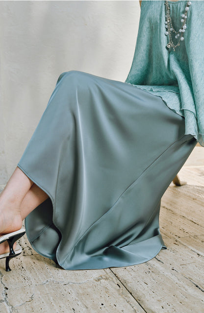 WANGXO | Silky Smooth Double-Sided Satin Top Glass Beaded Umbrella Hem Suspender Skirt Set -ELVA