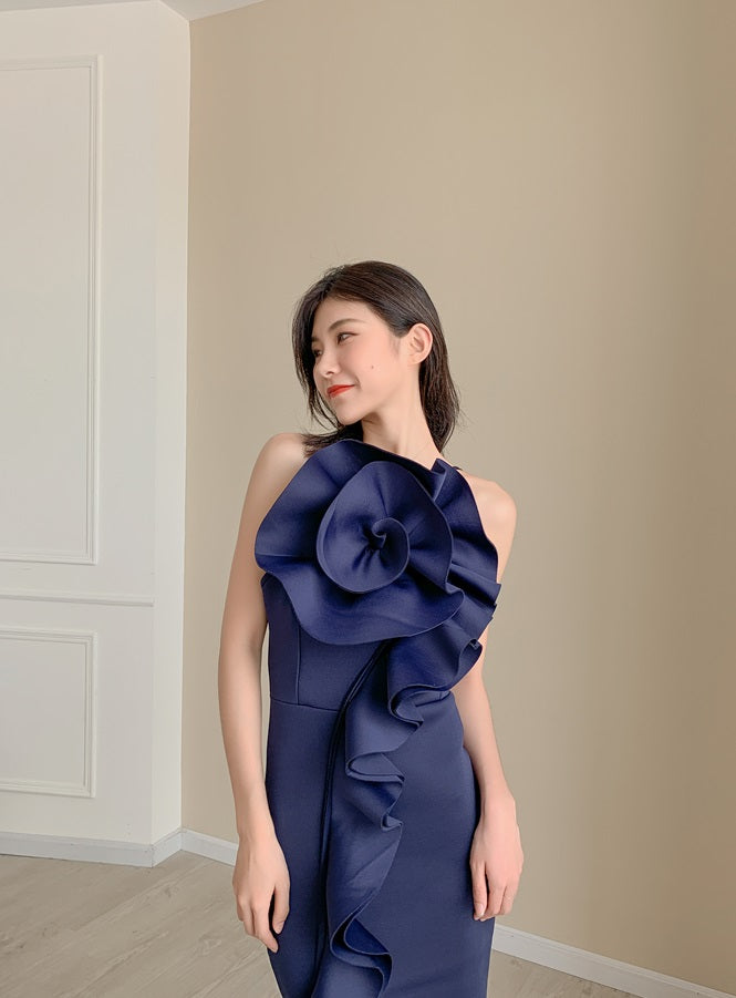 DOLLY Elegant French Style Sleeveless Ruffle Collar Slim Fit Midi Cocktail Dress-BANNIE