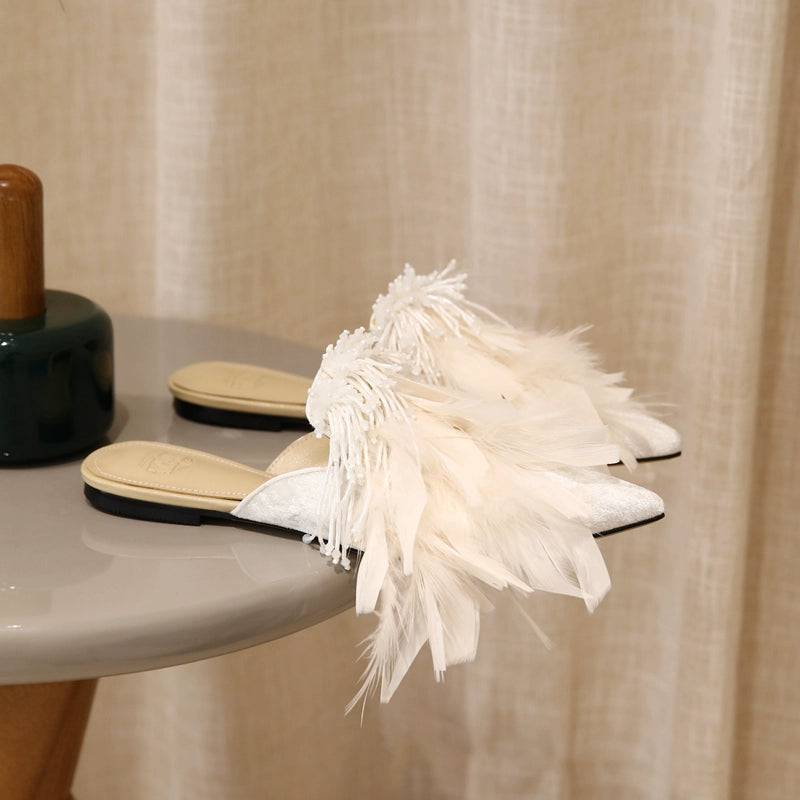 B-FEI White rhinestone feather slippers-ANDY.