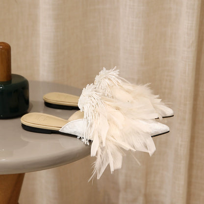 B-FEI White rhinestone feather slippers-ANDY.