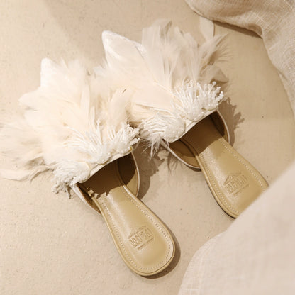 B-FEI White rhinestone feather slippers-ANDY.
