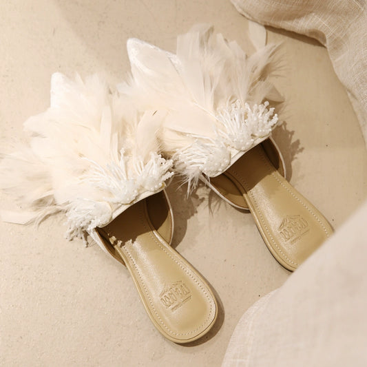 B-FEI White rhinestone feather slippers-ANDY.