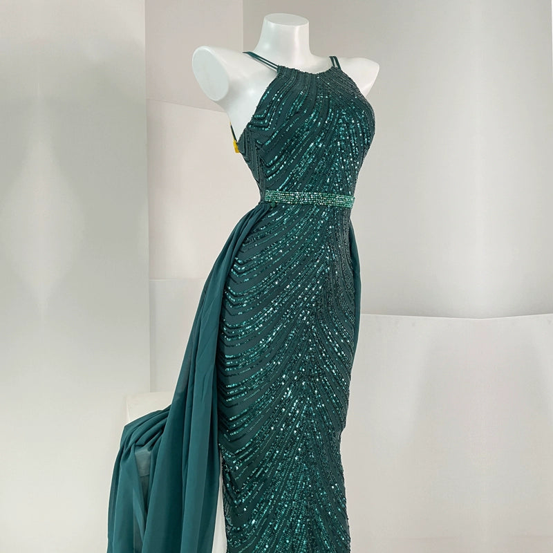 DOLLY High End Sleeveless Halter Neck Sequin Embroidery Long Banquet Dress-KATRINA
