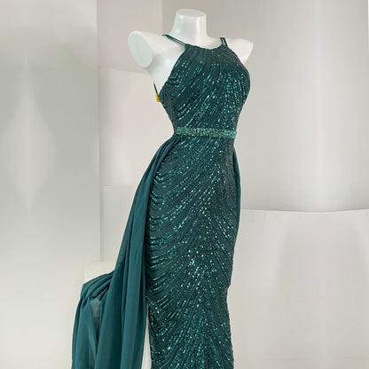DOLLY High End Sleeveless Halter Neck Sequin Embroidery Long Banquet Dress-KATRINA