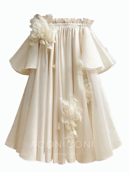 Aconiconi Luxury Off-Shoulder Flower Short Sleeve bridal baby doll Dress - Magnolia Lotus Fragrance