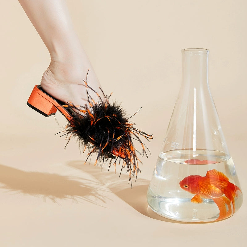 B-FEI feather slippers mid-heel color-blocked women's sandals-UCHIS.