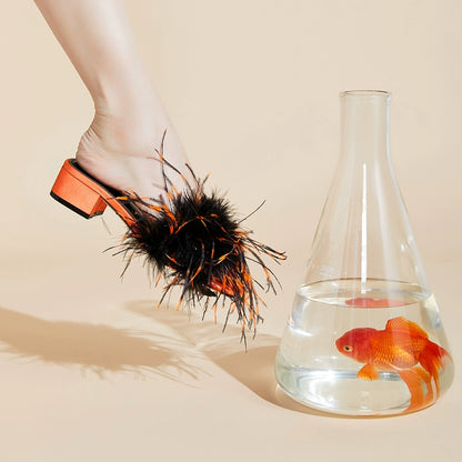 B-FEI feather slippers mid-heel color-blocked women's sandals-UCHIS.