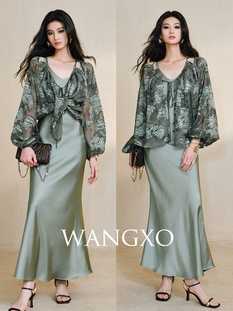 WANGXO Devoré Lace Light and Shadow Heavy Industry Bias French Cardigan & Satin Sundress Set - ESMEE
