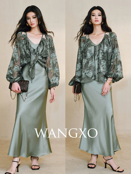WANGXO Devoré Lace Light and Shadow Heavy Industry Bias French Cardigan & Satin Sundress Set - ESMEE