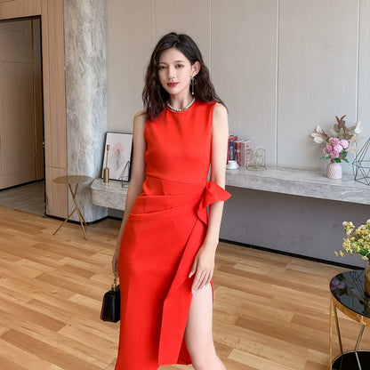 DOLLY Luxury Retro Style Crew Neck Sleeveless Pleated Slim Fit Midi Party Dress-CATIE