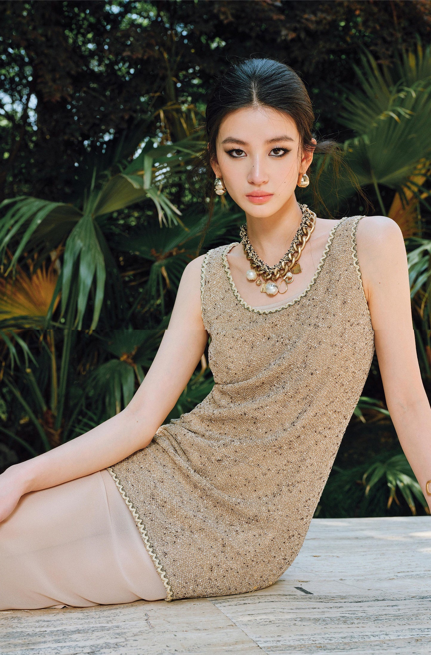 WANGXO | Satin-Stitched Georgette & Stretch Sequin Knit  Suspender Skirt & Vest Skirt Set -LUMA