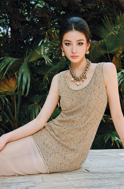 WANGXO | Satin-Stitched Georgette & Stretch Sequin Knit  Suspender Skirt & Vest Skirt Set -LUMA