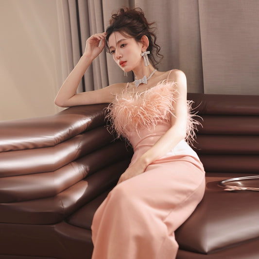 DOLLY Luxury Peach Pink Feather Tube Top Long Dinner Date Dress-VERO