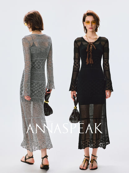 ANNASPEAK Fringe Lace-up Slim Knit Dress- CHACHA.