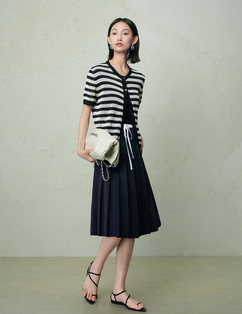 SUSHE light hollow texture striped short-sleeved knit sweater new stretch loose top -BESS