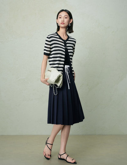 SUSHE light hollow texture striped short-sleeved knit sweater new stretch loose top -BESS
