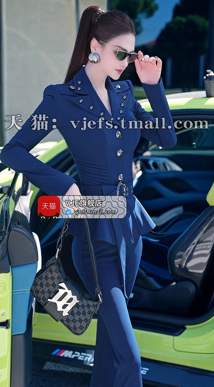 VJE  OL Jacket Micro Flared Pants Two-Piece Set - HIHI.