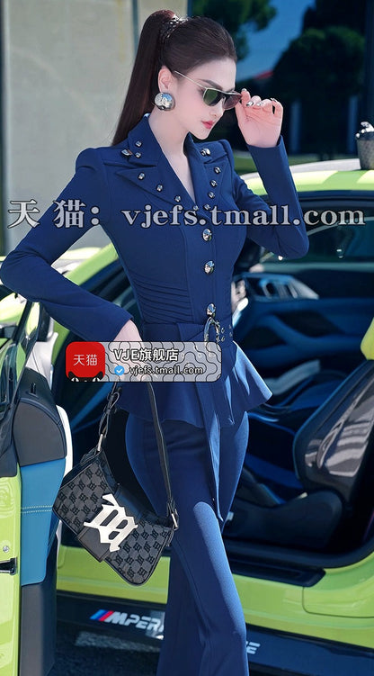 VJE  OL Jacket Micro Flared Pants Two-Piece Set - HIHI.