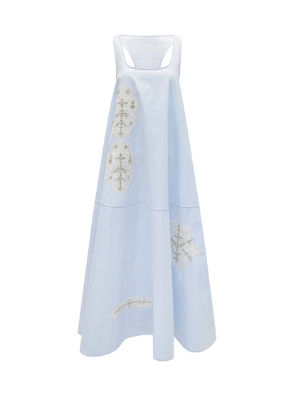 M essential Mackay designer embroidered A-hem pastel blue skirt dress - euno sia.