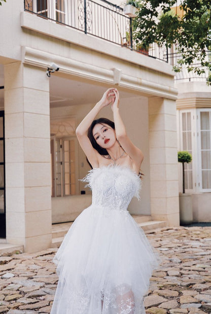 DOLLY Elegant Sleeveless Feather Tube Top Embroidery Long Tutu Dinner Dress-KYLIE