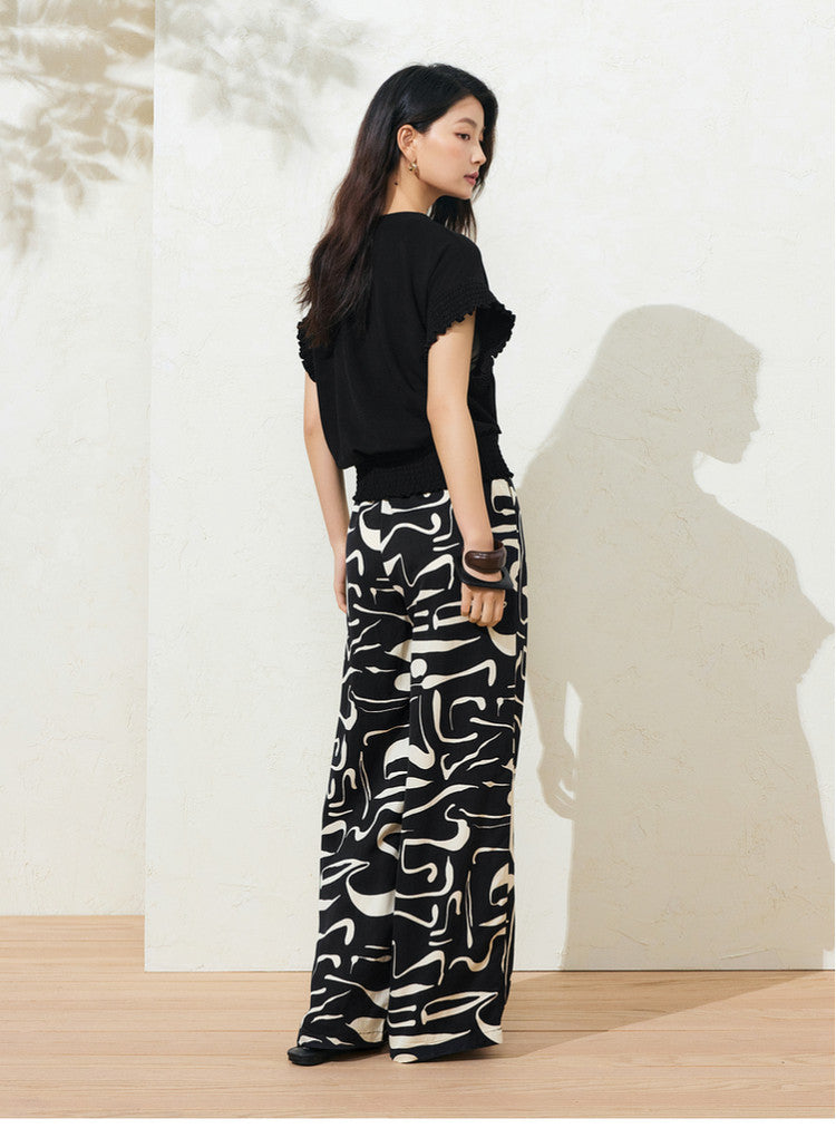 Sushe Neo-Bohemian Tencel linen print drawstring tie wide-leg slacks -JULIET