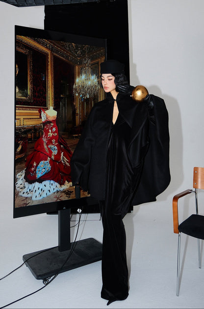 MEI SANGUAN Black velvet second-hand V-neck lantern sleeve dress - MIA